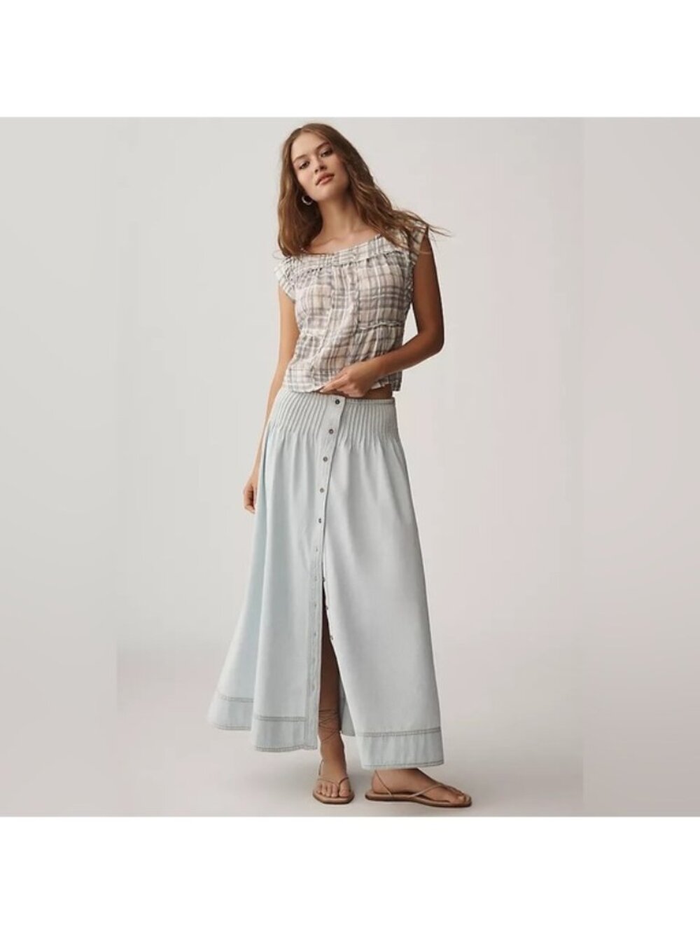 NWT Anthropologie Pilcro Size Medium Pintuck Basque-Waist Denim Maxi Skirt